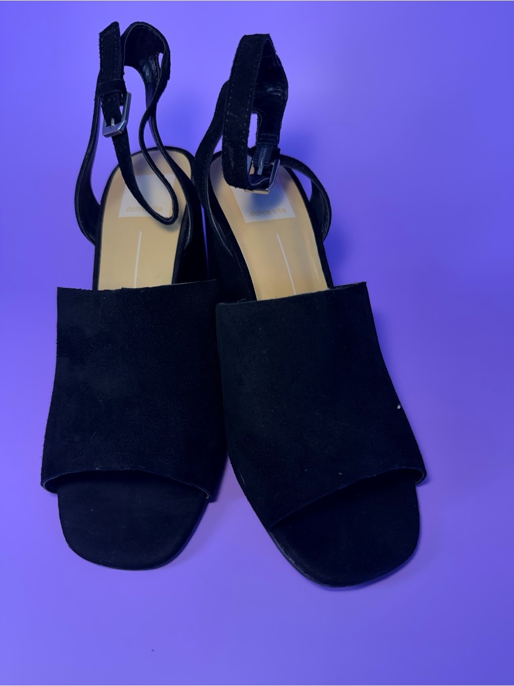 Dolce Vita Black Suede Peep-Toe Wedge Sandals with Ankle Strap - Picture 4 of 6